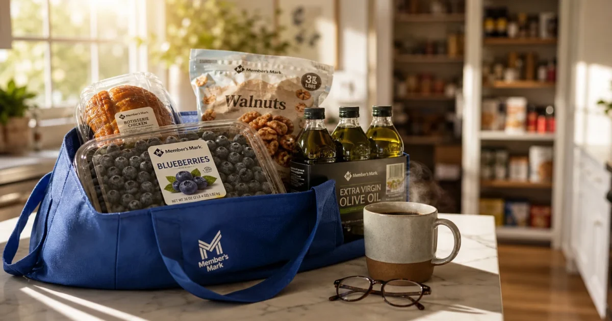 A sunlit kitchen counter featuring a reusable shopping bag filled with fresh produce, nuts, and household staples from a warehouse club.