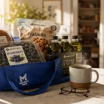 A sunlit kitchen counter featuring a reusable shopping bag filled with fresh produce, nuts, and household staples from a warehouse club.