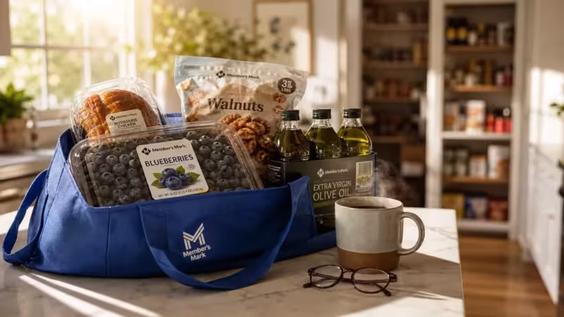 A sunlit kitchen counter featuring a reusable shopping bag filled with fresh produce, nuts, and household staples from a warehouse club.