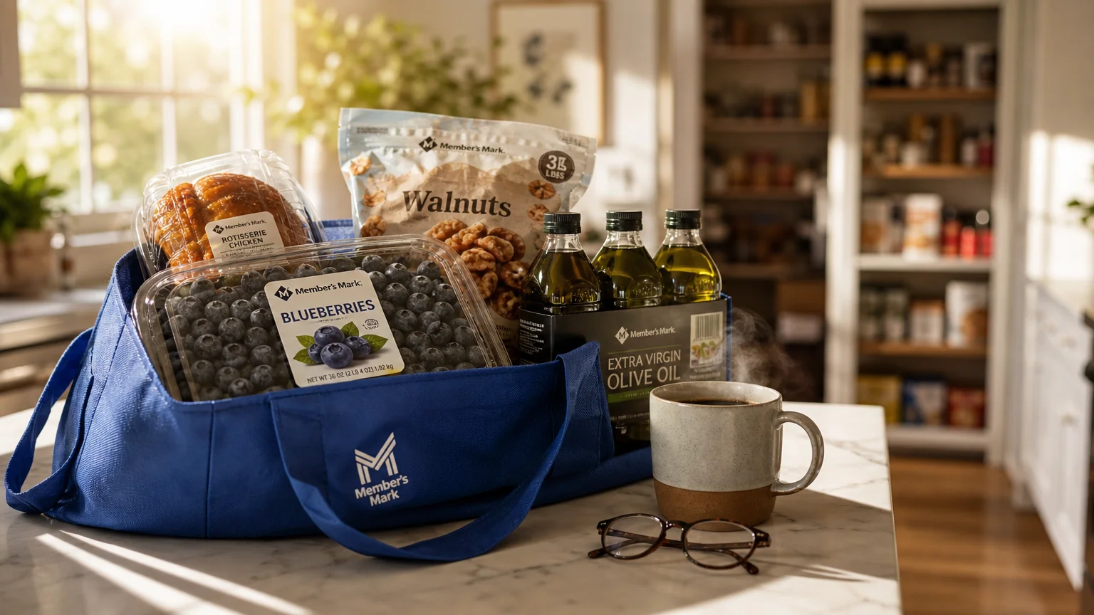 A sunlit kitchen counter featuring a reusable shopping bag filled with fresh produce, nuts, and household staples from a warehouse club.