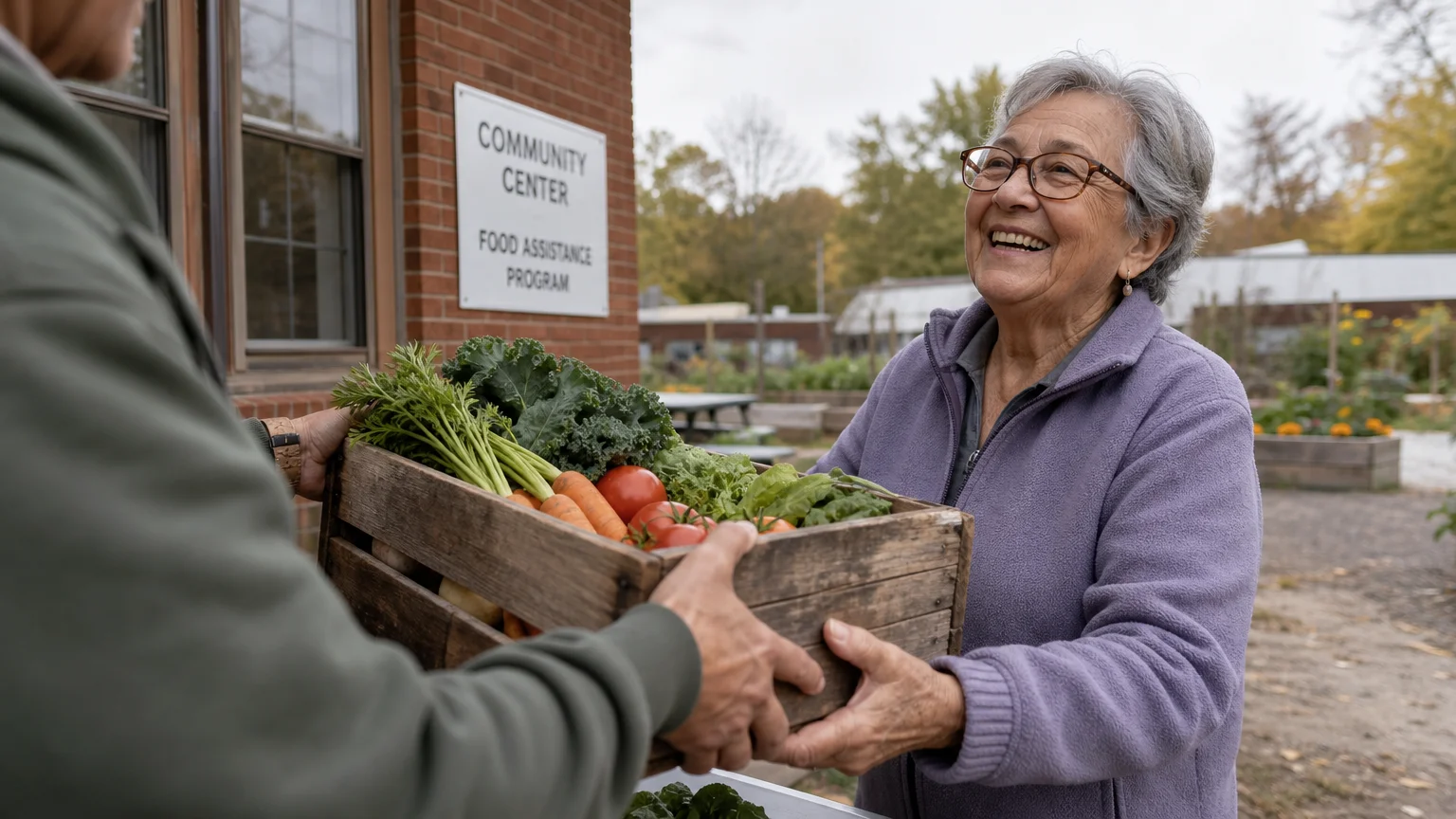 A volunteer handing a wooden crate of fresh produce to an older woman at a community center.