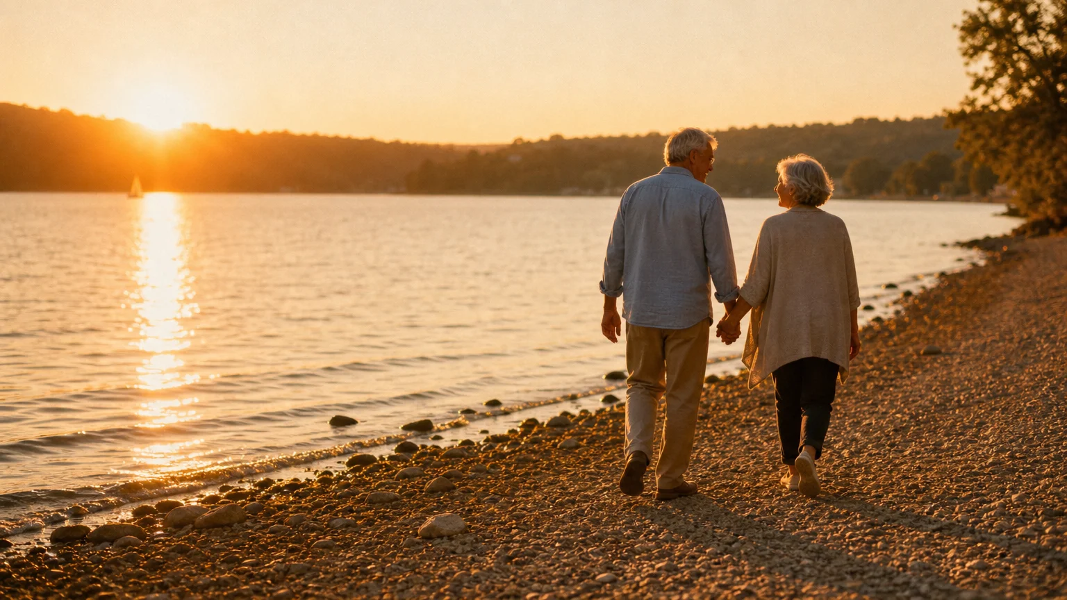 A warm 35mm film photograph of an older couple walking hand-in-hand by a quiet lake during sunset.