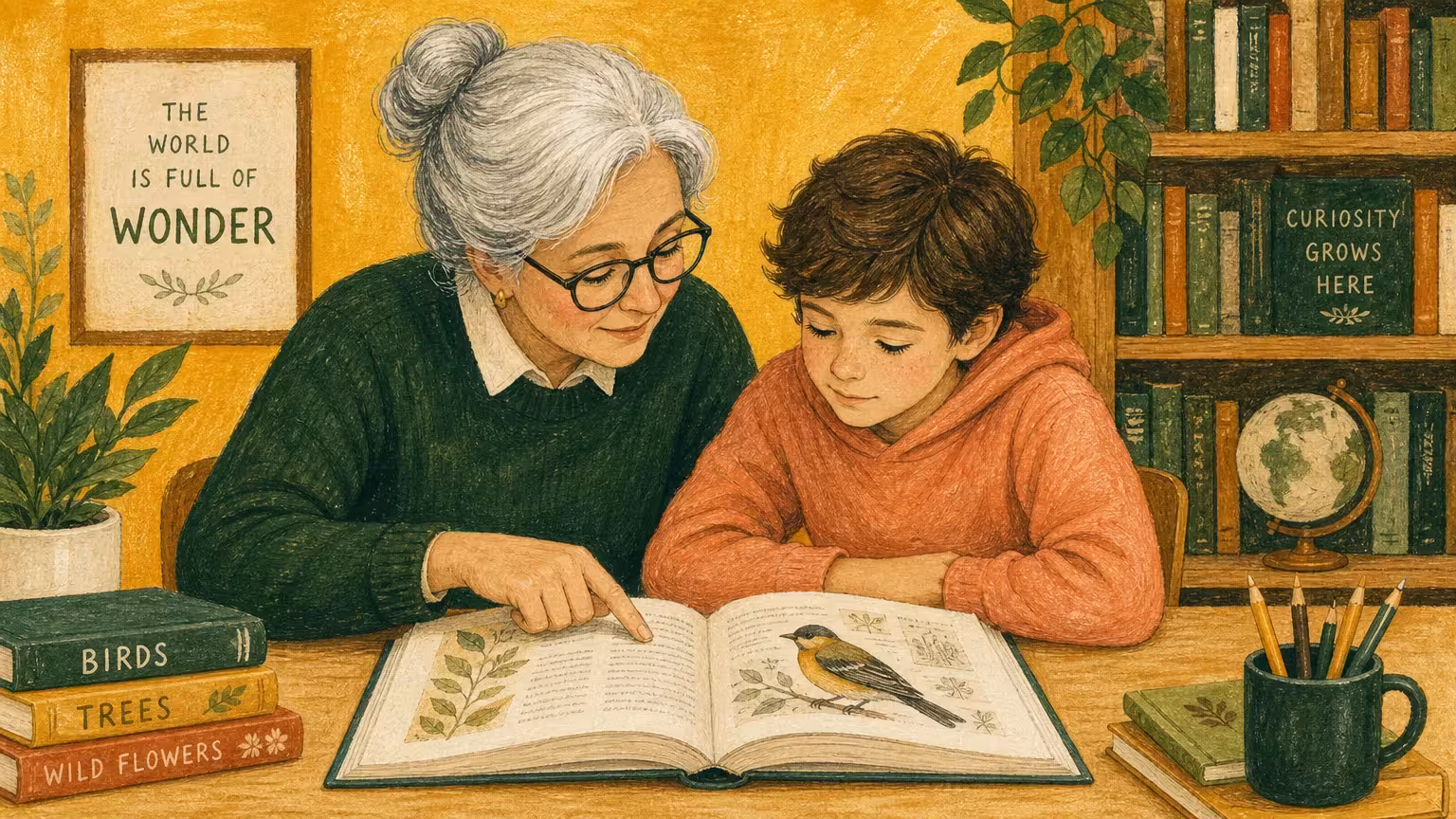 A warm gouache illustration of an older woman patiently tutoring a young child over an open book at a library table.