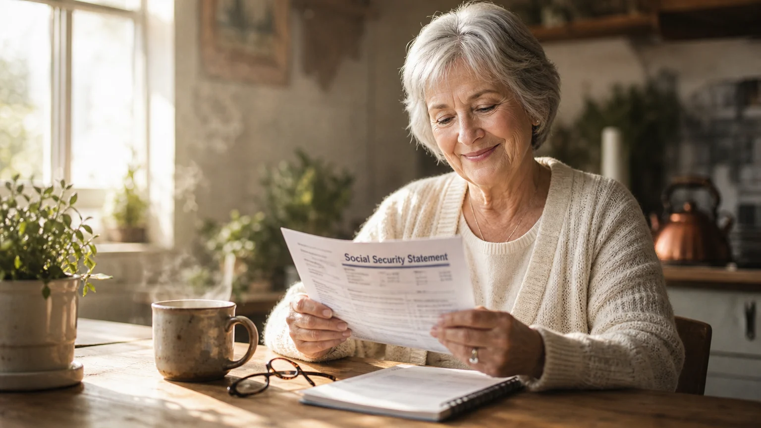 A warm, natural photo of an older woman smiling at her kitchen table while looking over her official Social Security paperwork.