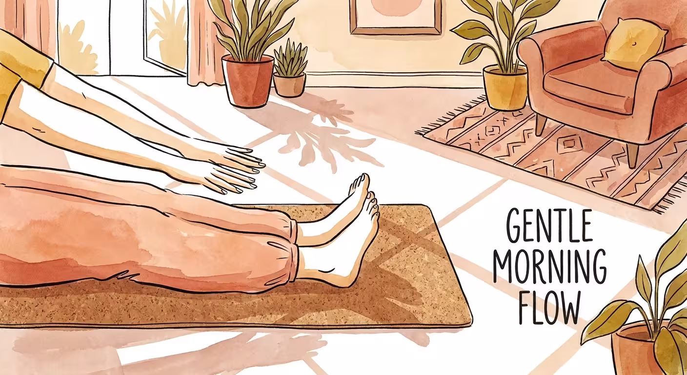 A warm watercolor illustration of a person gently stretching on a cork yoga mat in morning sunlight.