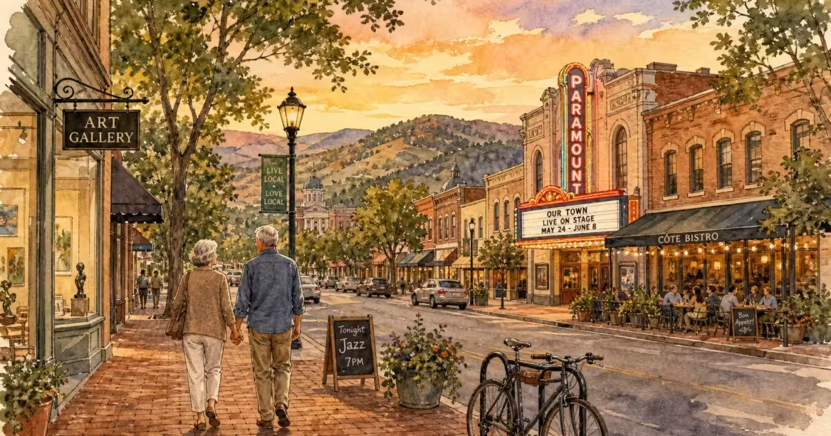 A warm watercolor illustration of an older couple walking down a charming city street with boutiques, a theater, and distant mountains.
