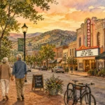 A warm watercolor illustration of an older couple walking down a charming city street with boutiques, a theater, and distant mountains.
