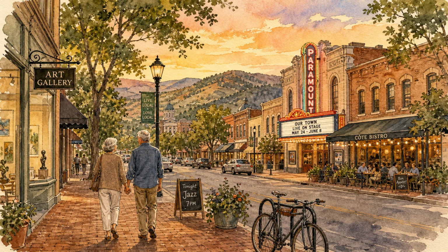 A warm watercolor illustration of an older couple walking down a charming city street with boutiques, a theater, and distant mountains.