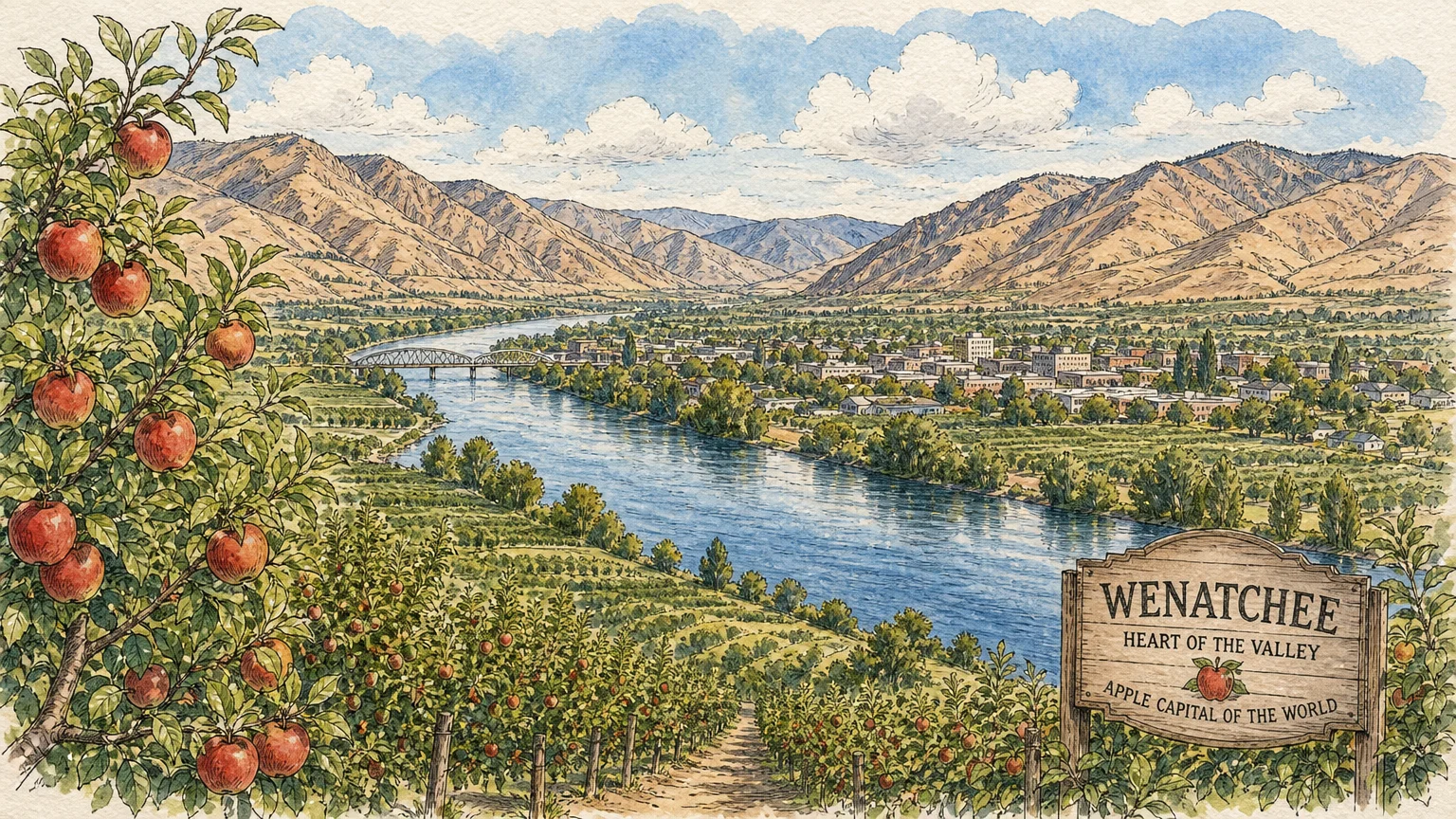 A watercolor and ink drawing of a peaceful river valley with apple orchards and rolling hills in Wenatchee.