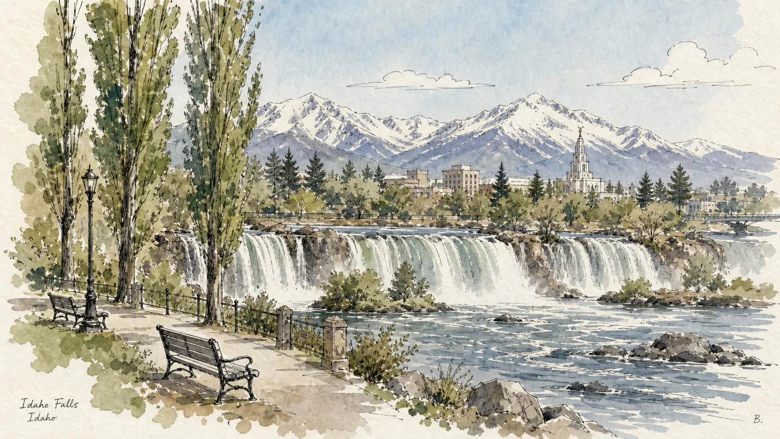 A watercolor and ink illustration of the scenic greenbelt waterfall and distant mountains in Idaho Falls.