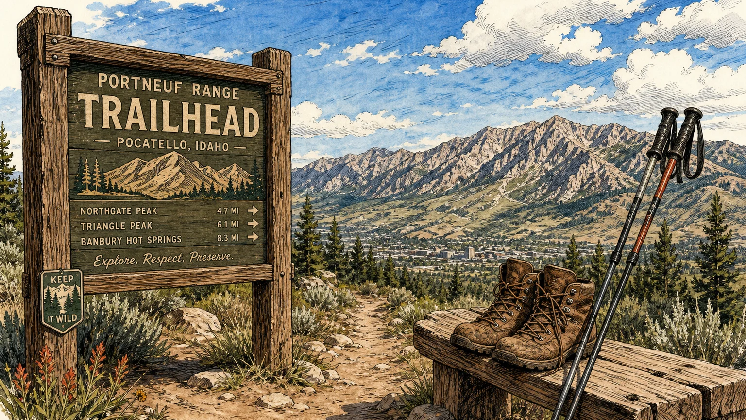 A watercolor and ink sketch of hiking gear and a wooden trail sign with mountains rising in the background.