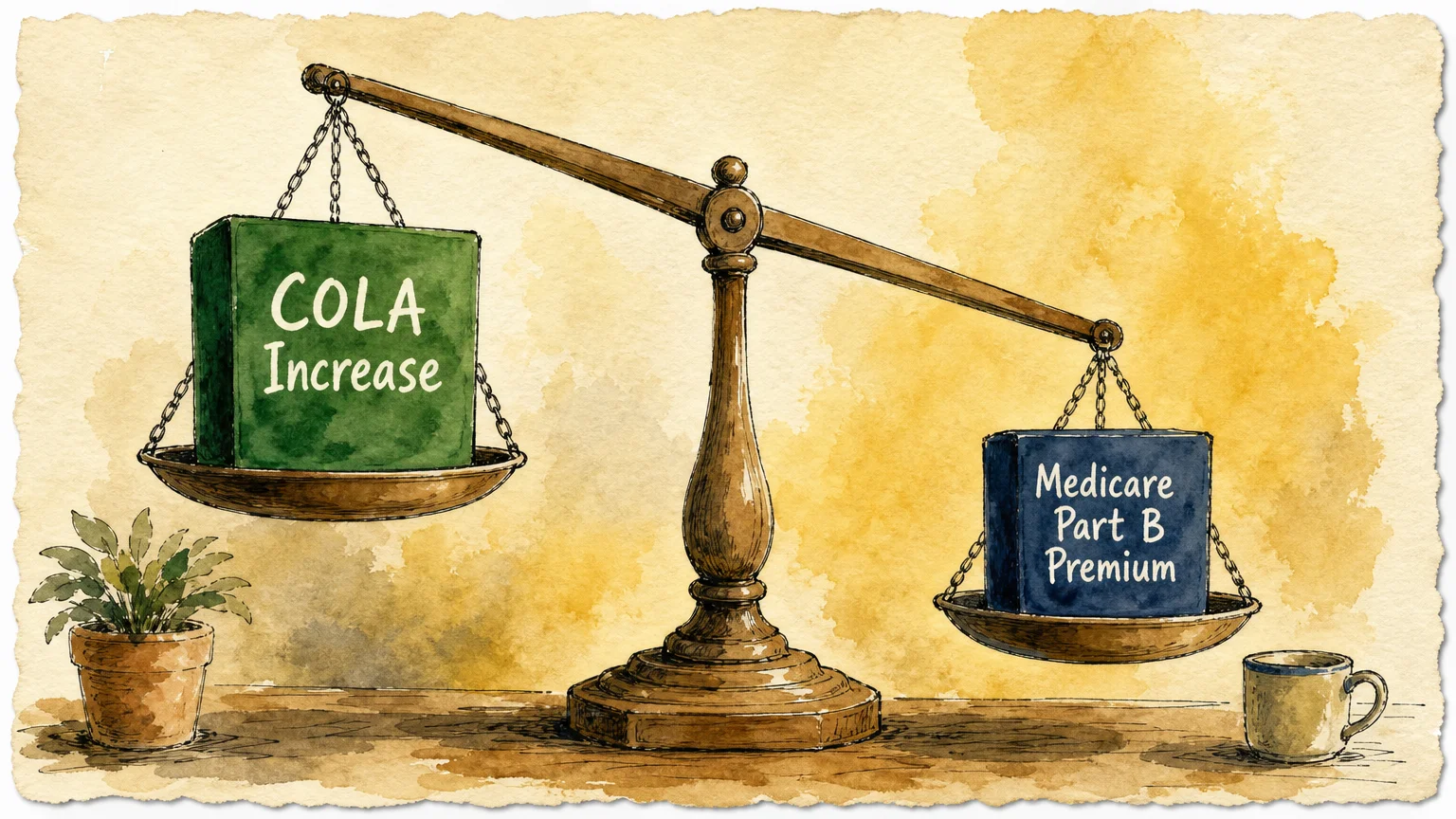 A watercolor illustration of a balance scale showing a block labeled 'COLA Increase' offset by a block labeled 'Medicare Part B Premium'.