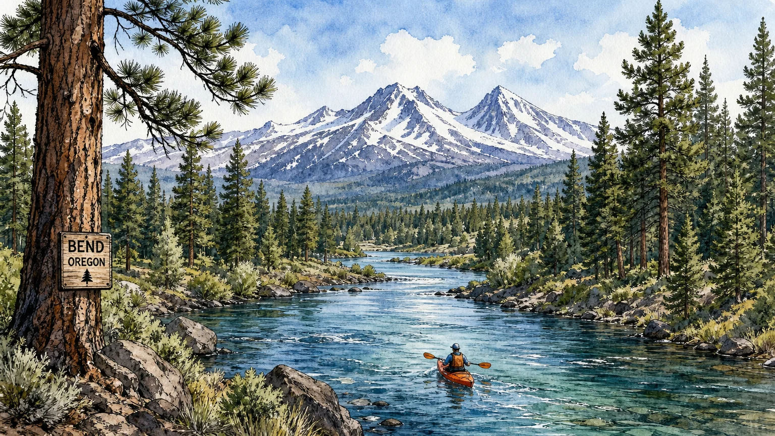 A watercolor illustration of a kayak on a winding river surrounded by pine trees, with snow-capped mountains in the background.