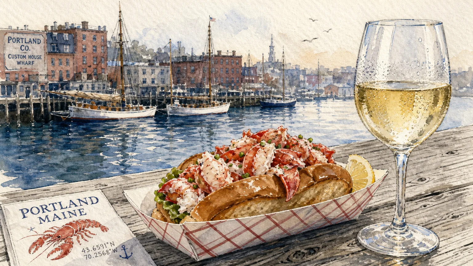 A watercolor illustration of a lobster roll and white wine on a wooden table overlooking a harbor with sailboats.