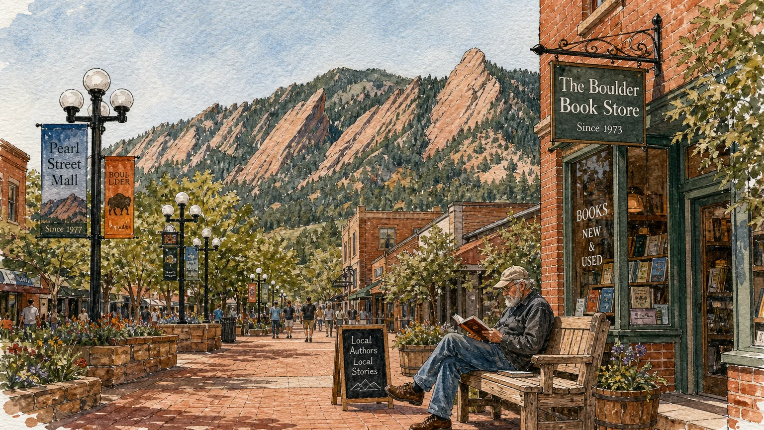 A watercolor illustration of a man reading on a bench on a brick pedestrian mall, with massive red-rock mountains in the background.