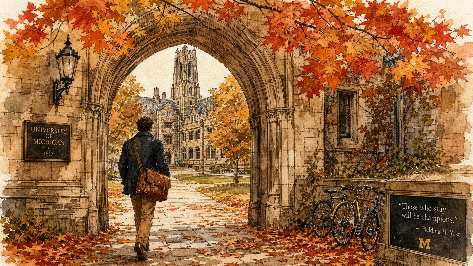 A watercolor illustration of a person walking through a historic stone archway on a university campus surrounded by autumn leaves.
