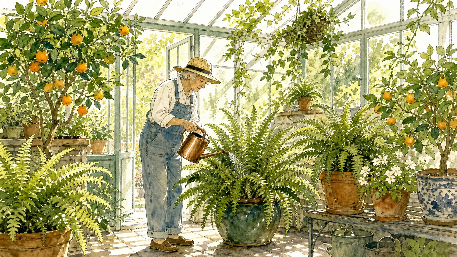 A watercolor illustration of a senior watering thriving plants in a sunlit greenhouse, symbolizing long-term growth.