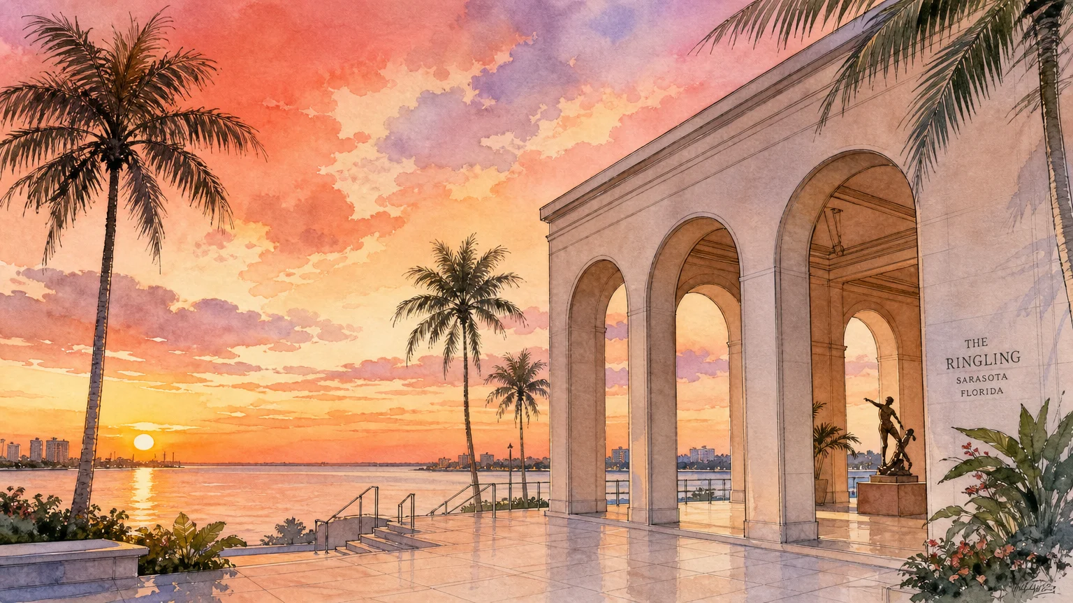 A watercolor illustration of classical arches and palm trees silhouetted against a vibrant coral and violet sunset over the water.
