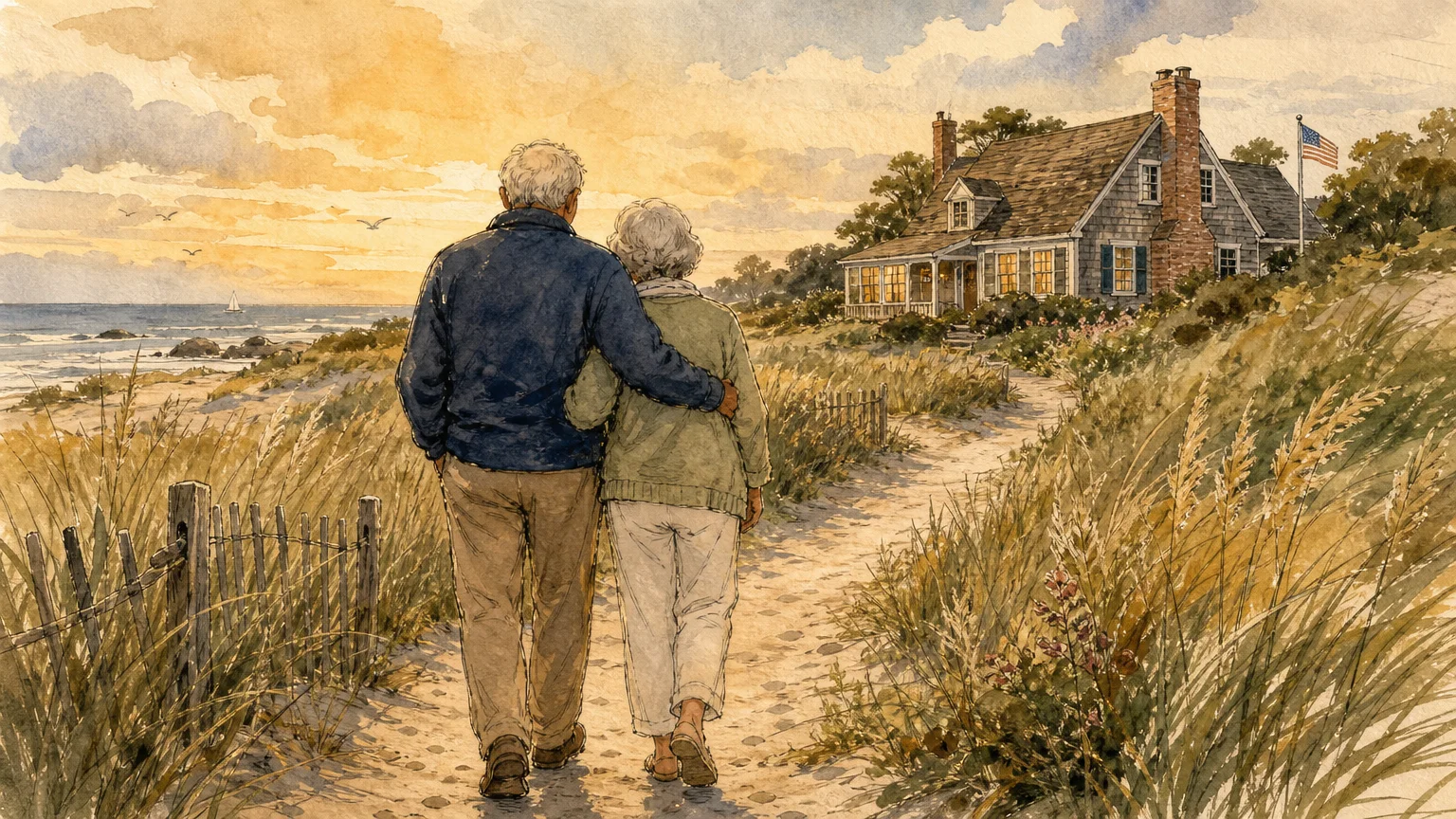 A watercolor sketch of an older couple walking hand-in-hand toward a coastal cottage, representing shared legacy and comfort.