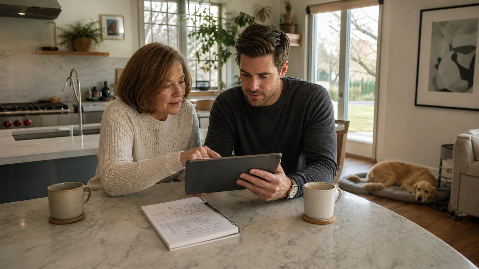 A woman and a financial advisor in casual clothes discuss a plan over coffee at a kitchen island.