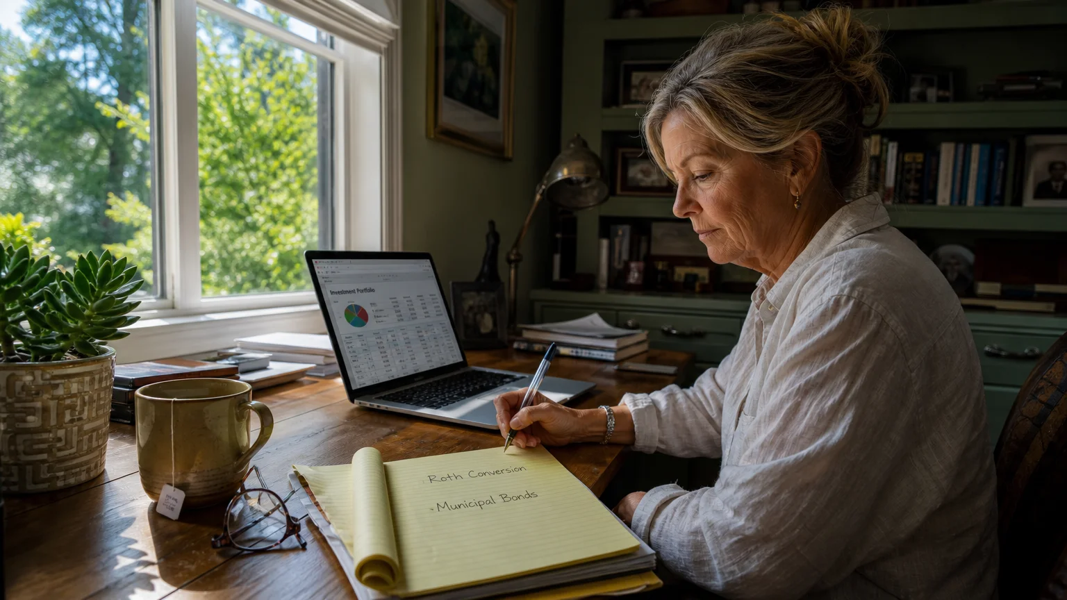 A woman at her home desk writing 'Roth Conversion' on a notepad while looking at her laptop.