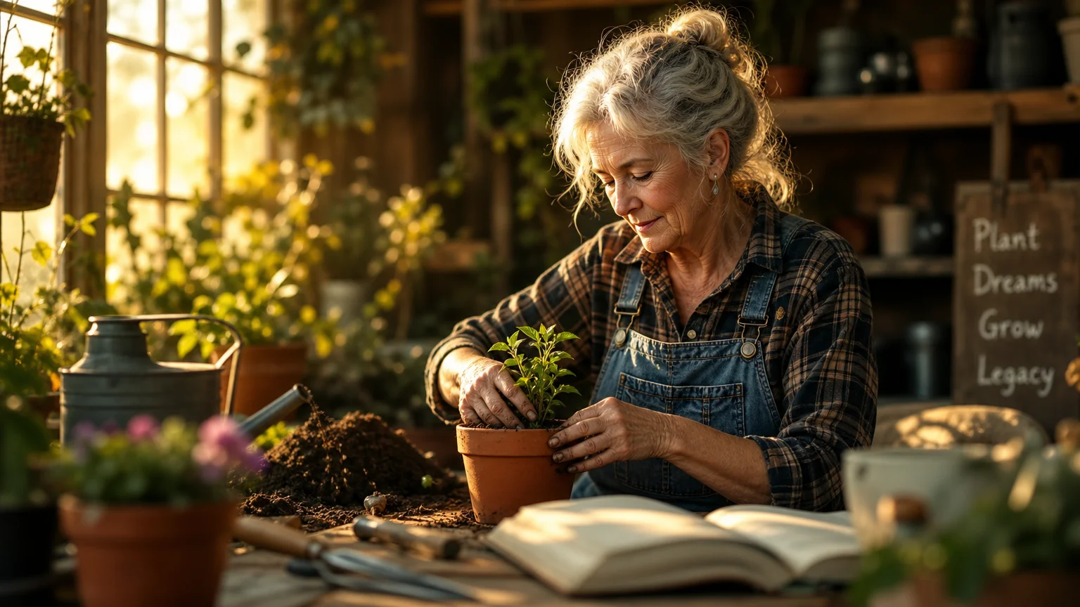 A woman in her 60s enjoys gardening in a sunlit shed, symbolizing the healthy, active lifestyle supported by long-term HSA savings.