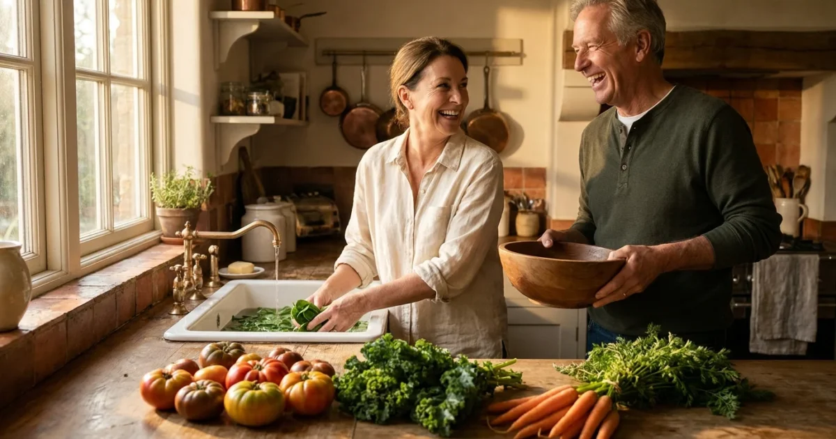 An active older couple laughing together in a sun-drenched kitchen filled with fresh organic vegetables.