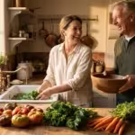An active older couple laughing together in a sun-drenched kitchen filled with fresh organic vegetables.