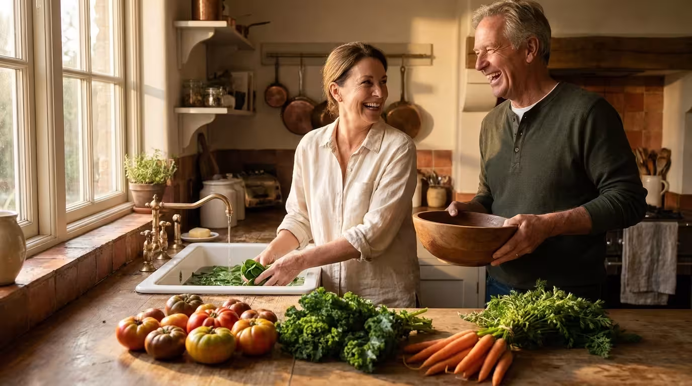 An active older couple laughing together in a sun-drenched kitchen filled with fresh organic vegetables.