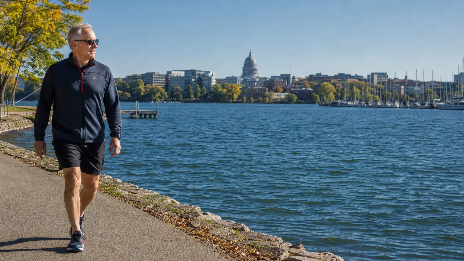 An active older man walks along a paved lakeside path with the state capitol dome visible in the far background.