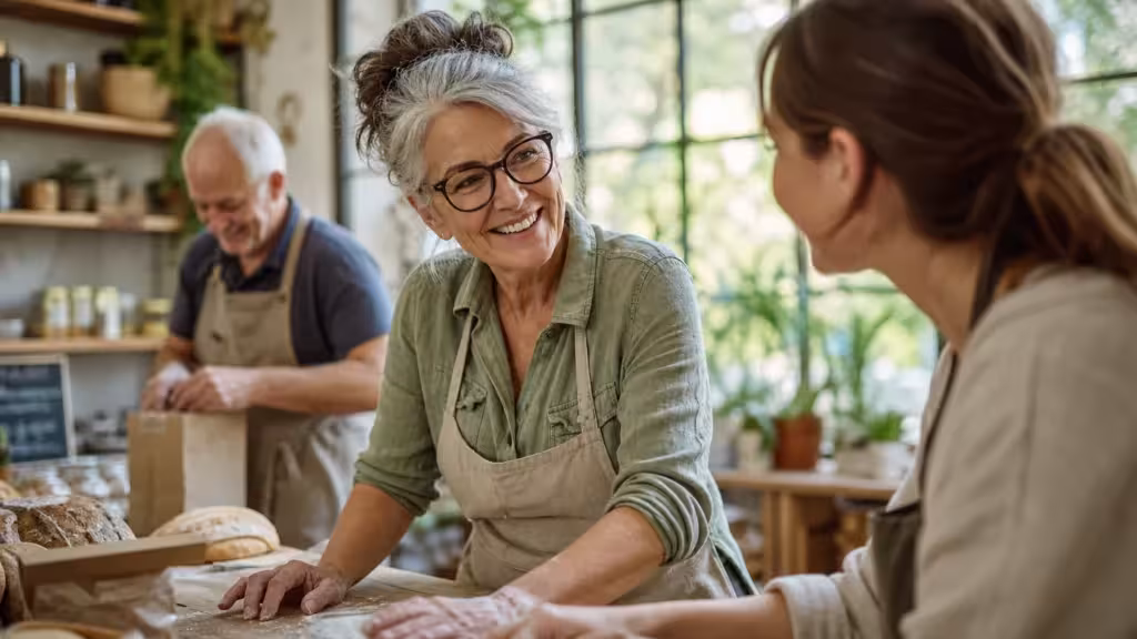 An active older woman smiling and working alongside a younger colleague in a bright, sunlit community workshop.