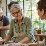 An active older woman smiling and working alongside a younger colleague in a bright, sunlit community workshop.