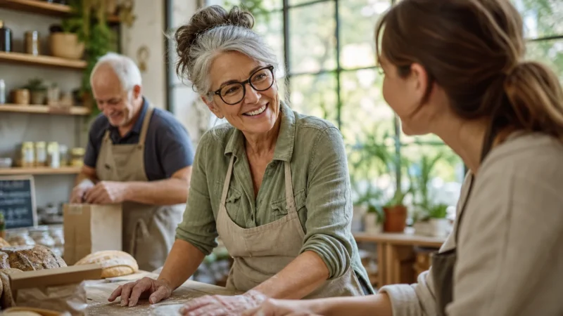 An active older woman smiling and working alongside a younger colleague in a bright, sunlit community workshop.