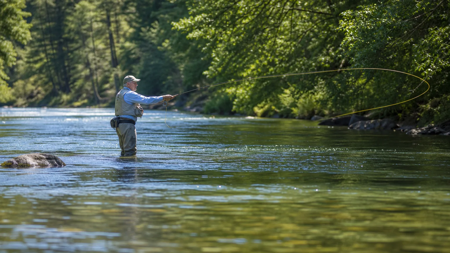 An active retiree fly-fishes in the sparkling, sun-dappled waters of the Rogue River in Grants Pass.