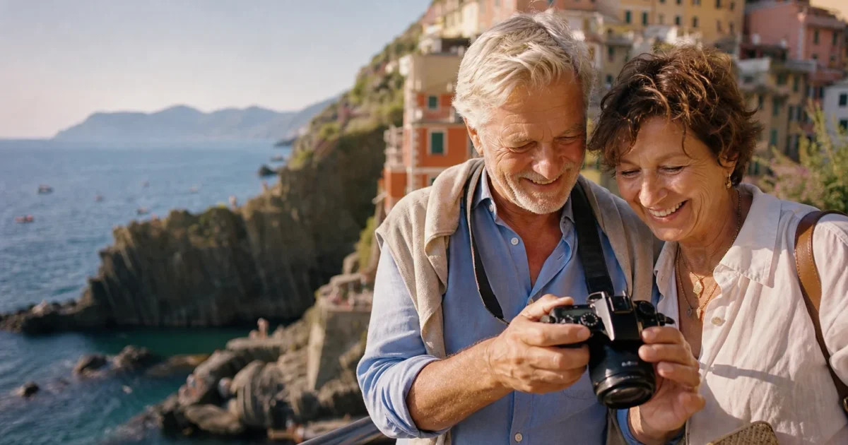 An active senior couple happily reviews photos on a cliff overlooking a scenic Italian coastal village under warm sunlight.