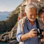 An active senior couple happily reviews photos on a cliff overlooking a scenic Italian coastal village under warm sunlight.