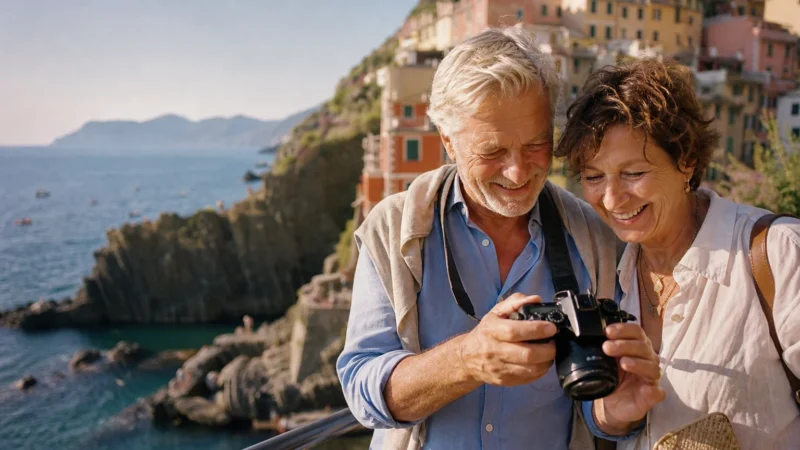 An active senior couple happily reviews photos on a cliff overlooking a scenic Italian coastal village under warm sunlight.