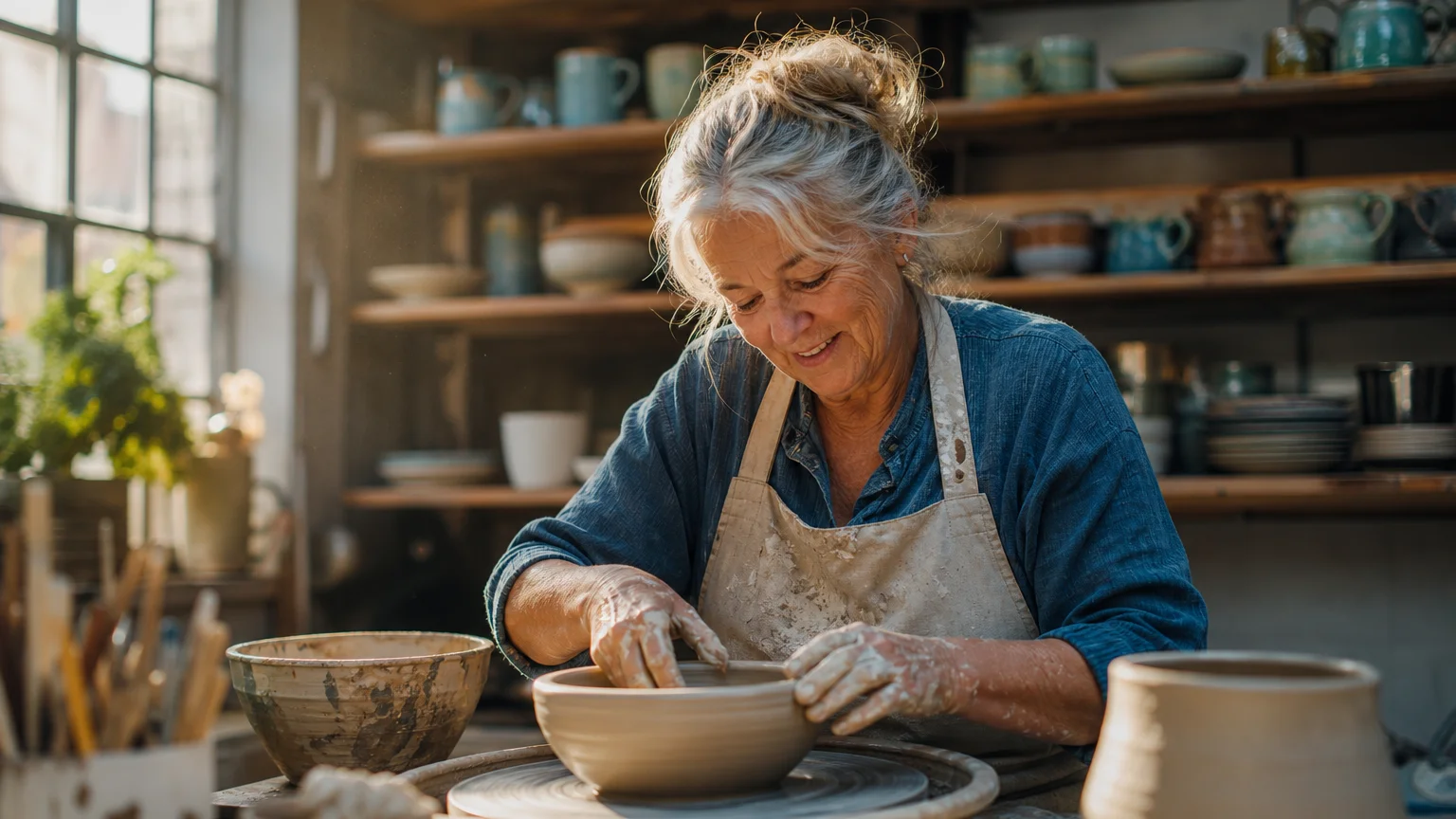 An active senior woman shaping a clay bowl on a spinning pottery wheel in her sun-drenched home studio.