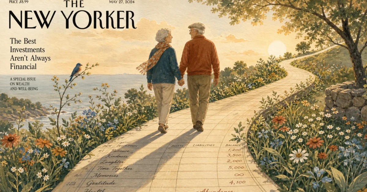 An artistic illustration of a senior couple walking along a path stylized as a financial ledger, surrounded by blooming wildflowers.