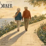 An artistic illustration of a senior couple walking along a path stylized as a financial ledger, surrounded by blooming wildflowers.