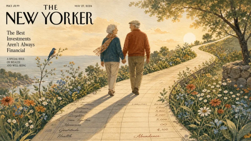 An artistic illustration of a senior couple walking along a path stylized as a financial ledger, surrounded by blooming wildflowers.