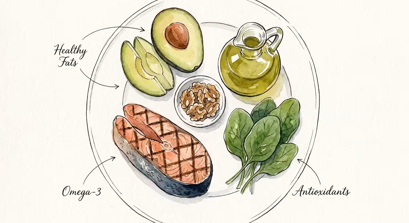 An artistic watercolor illustration of a Mediterranean plate featuring salmon, avocado, walnuts, and olive oil.