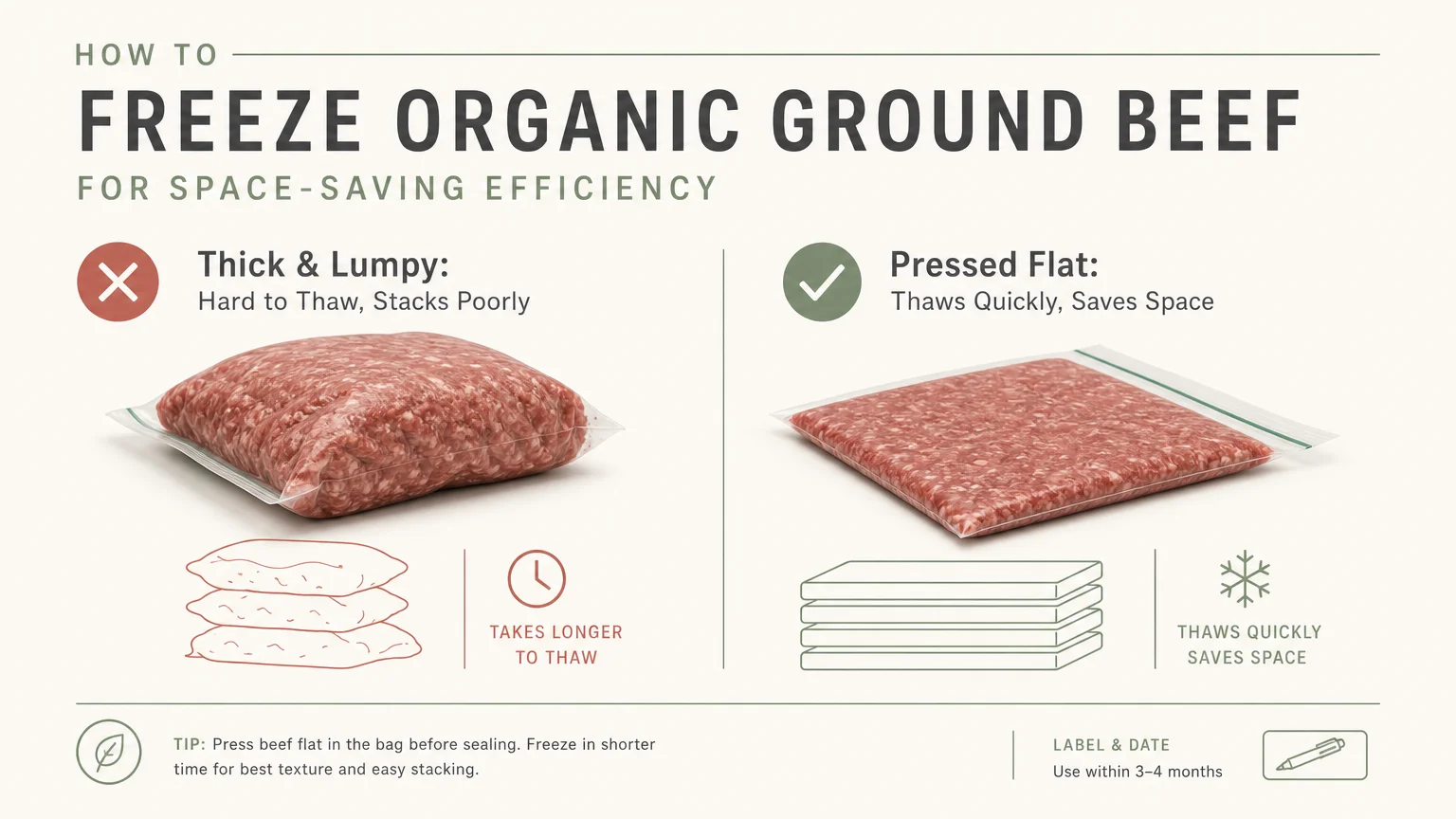 An editorial diagram comparing a bulky, hard-to-freeze ground beef pack with a flat, space-saving pressed pack.