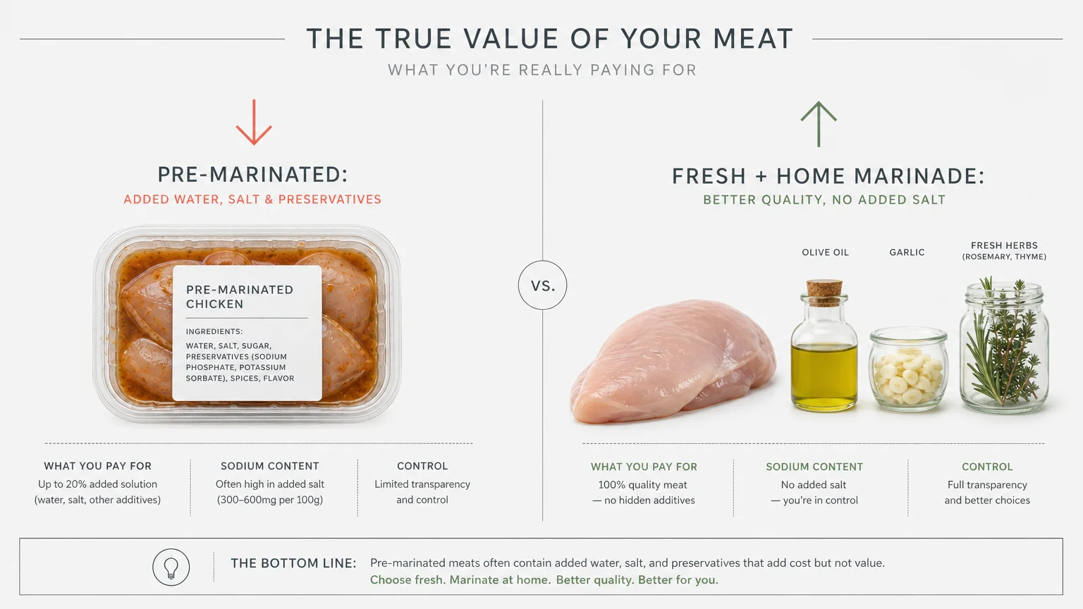 An editorial diagram comparing the hidden costs of pre-marinated meat with the value of fresh meat marinated at home.
