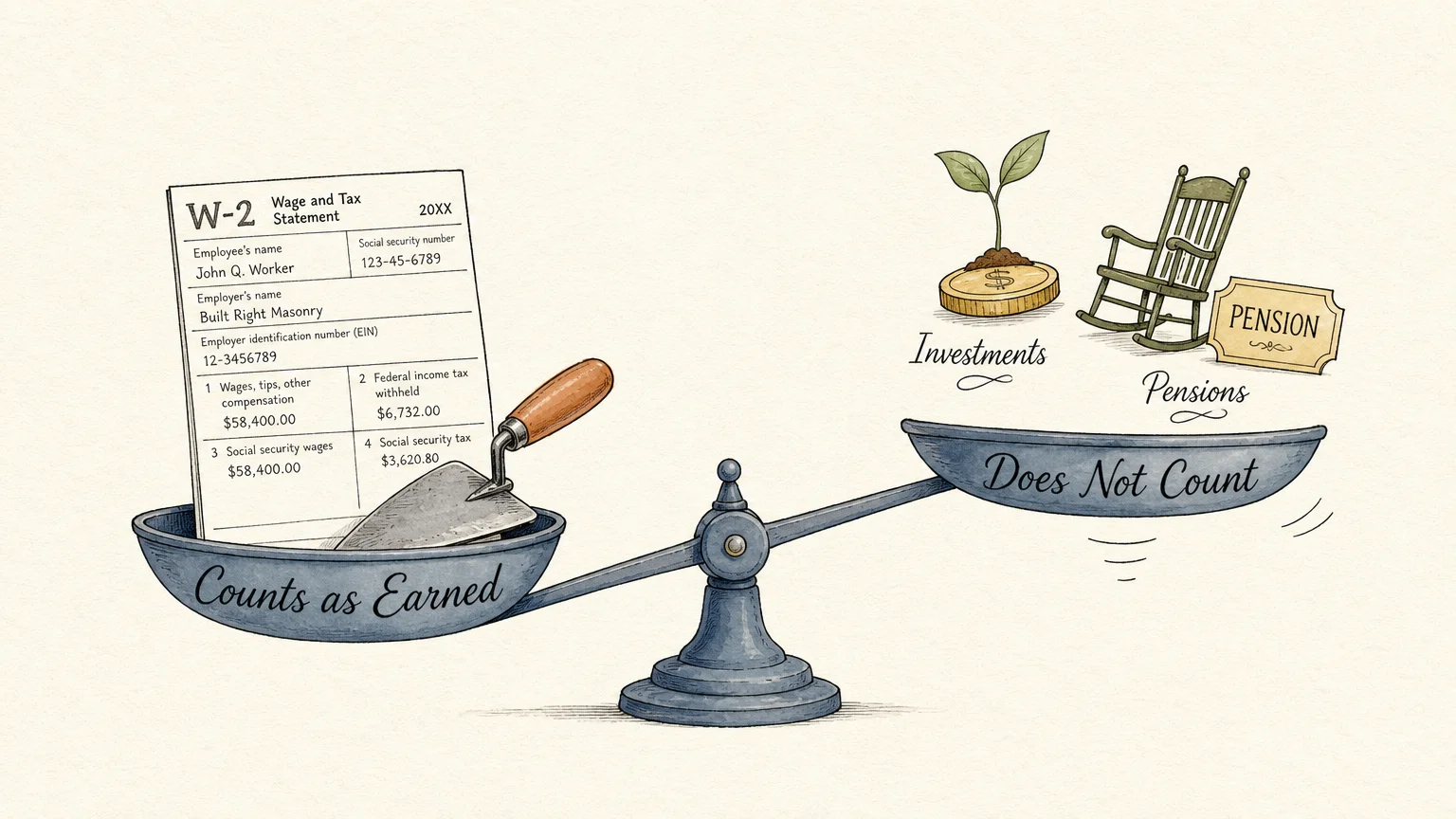 An editorial watercolor illustration of a balance scale showing W-2 wages on one side, and investment and pension icons on the other.