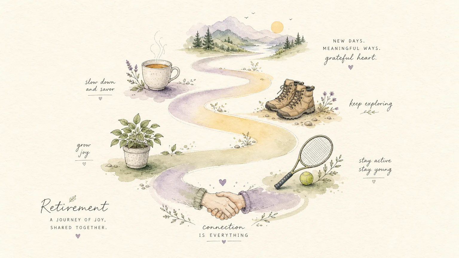 An elegant, minimalist watercolor illustration showing a winding path connecting simple symbols of a happy, active retirement.