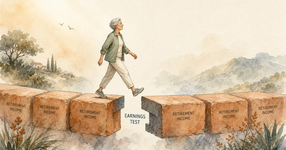 An elegant New Yorker-style watercolor illustration of a senior walking along a stepping-stone path where one stone has a clean slice missin