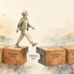 An elegant New Yorker-style watercolor illustration of a senior walking along a stepping-stone path where one stone has a clean slice missin