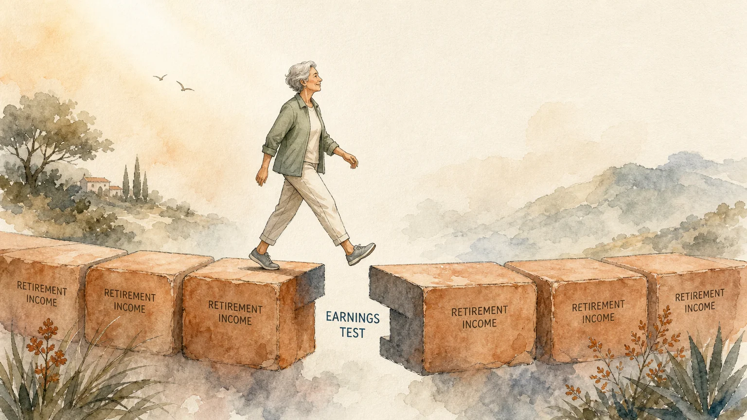 An elegant New Yorker-style watercolor illustration of a senior walking along a stepping-stone path where one stone has a clean slice missin