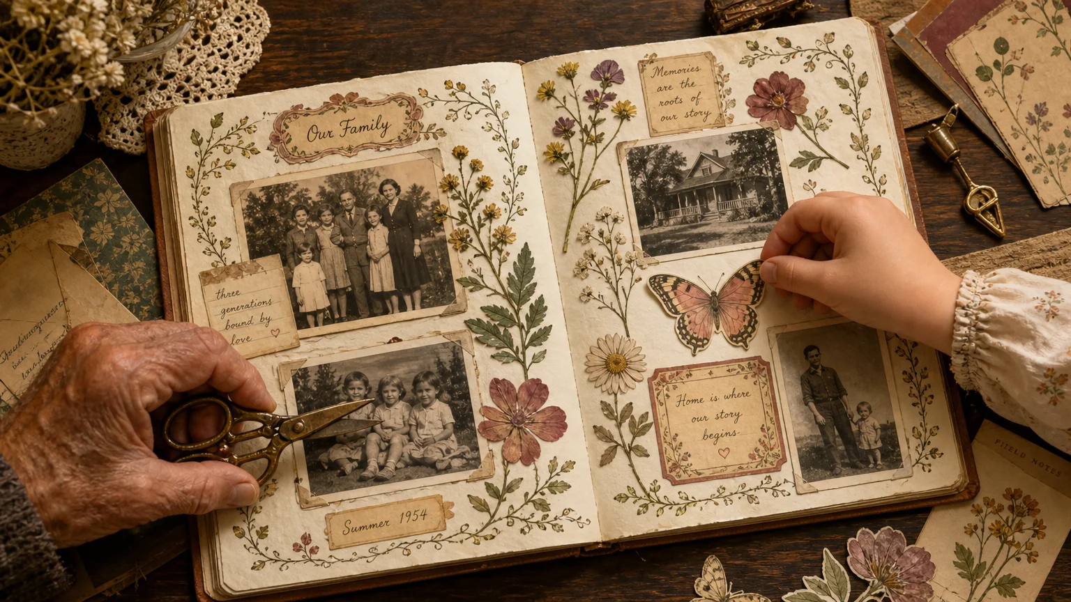 An illustrated top-down view of an open family scrapbook filled with old photos, pressed flowers, and colorful paper crafts.